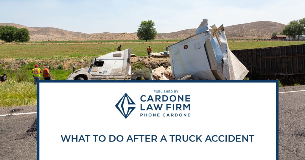 A truck accident with a damaged truck off the road